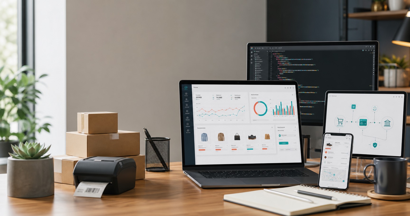 Modern e-commerce operations workspace with storefront analytics and software development screens